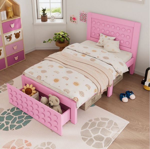 Flieks Kinderbett, Holzbett Einzelbett 90x200 cm Bausteine-Form mit Schublade