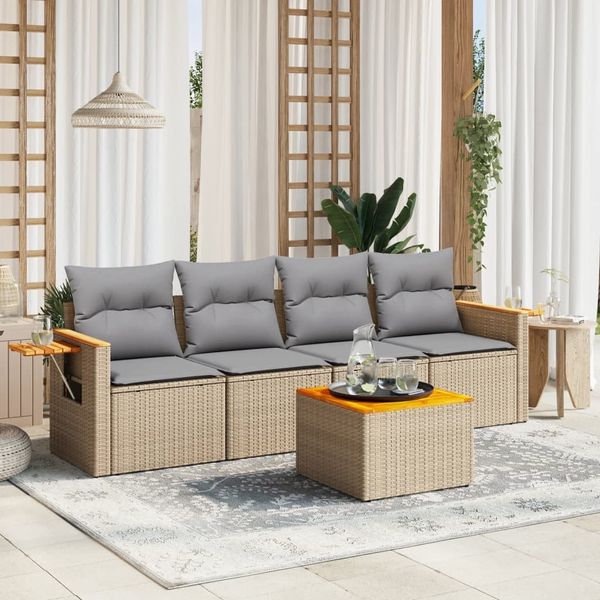 vidaXL 5-tlg. Garten-Sofagarnitur mit Kissen Beige Poly Rattan 3226619