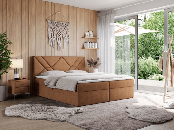 Boxspringbett, Polsterbett mit Multipocket-Matratzen und Topper, dekorativem Kopfteil, zwei Bettkästen - NEOMI - 160 x 200 cm - Orange Stoff - H3