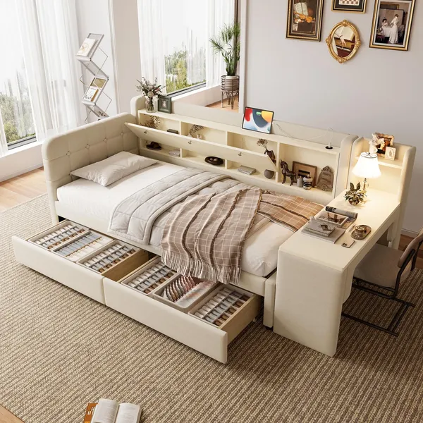 Stauraumbett mit Schreibtisch, Lattenrost, Regal, Schubladen, USB und Type-C Anschluss, 90x200 cm, Einzelbett, Polsterbett, Leinen
