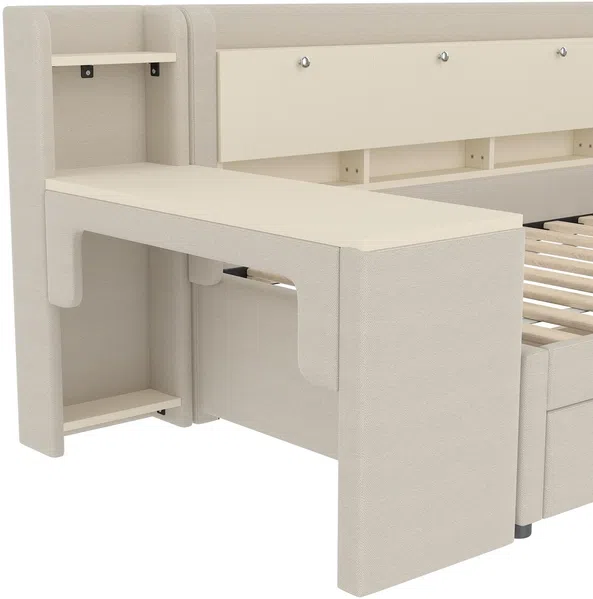 Stauraumbett mit Schreibtisch, Lattenrost, Regal, Schubladen, USB und Type-C Anschluss, 90x200 cm, Einzelbett, Polsterbett, Leinen Bild 10