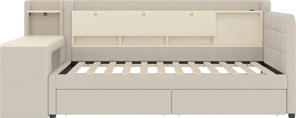 Stauraumbett mit Schreibtisch, Lattenrost, Regal, Schubladen, USB und Type-C Anschluss, 90x200 cm, Einzelbett, Polsterbett, Leinen Bild 9