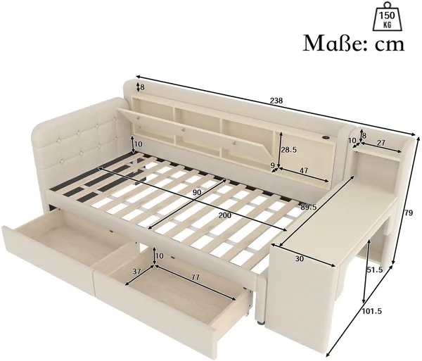 Stauraumbett mit Schreibtisch, Lattenrost, Regal, Schubladen, USB und Type-C Anschluss, 90x200 cm, Einzelbett, Polsterbett, Leinen Bild 7