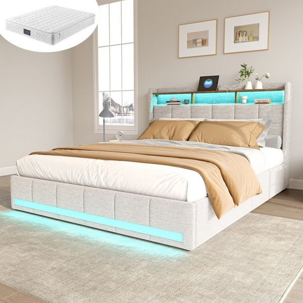 Furnishings Home Polsterbett Stauraumbett Doppelbett Jugendbett (Vier extra große Schubladen unter dem Bett), Mit LED-Beleuchtung, Matratze, USB & TYPE-C, Leinen, 140x200 cm