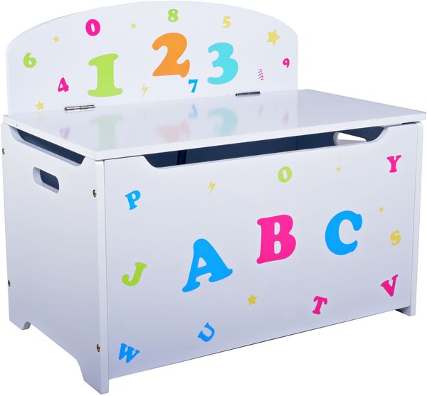 Kinder-Truhenbank ABC mit Stauraum - Holz Weiß 53x35,5x60cm | Spielzeugtruhe mit Sitzbank Holztruhe Kinderzimmer Spielzeugkiste