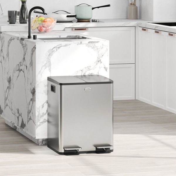 HOMCOM Mülltrennsystem 2x20L Abfalleimer aus Edelstahl mit Softclose Deckel, Inneneimer, für Wohnung, Silber