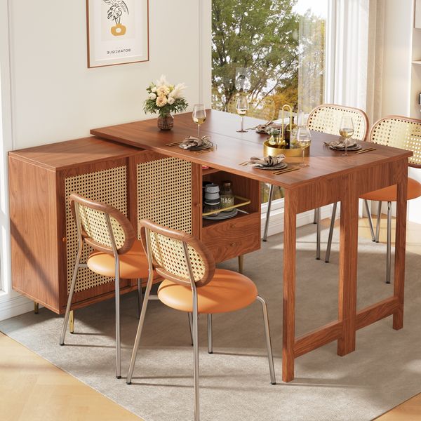 Erweiterbarer Drehbarer Sideboard Schrank Rattan Bartisch Wohnzimmer Küche Aufbewahrung