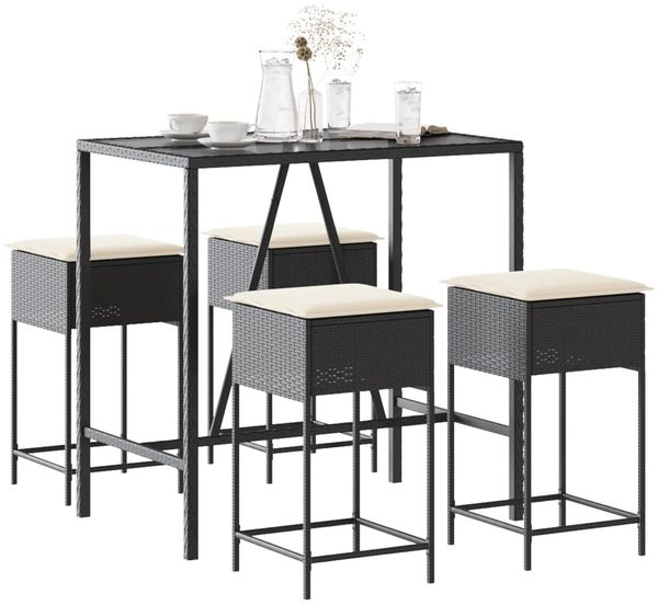 vidaXL 5-tlg. Gartenbar-Set mit Kissen Schwarz Poly Rattan 3261466
