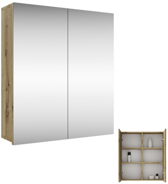 Planetmöbel Badezimmerspiegelschrank Spiegelschrank Merkur (Spiegelschrank Gäste WC 60x67x16 cm, Badschrank hängend mit Spiegel) 60 cm breit, 2 Türen, 6 Fächer