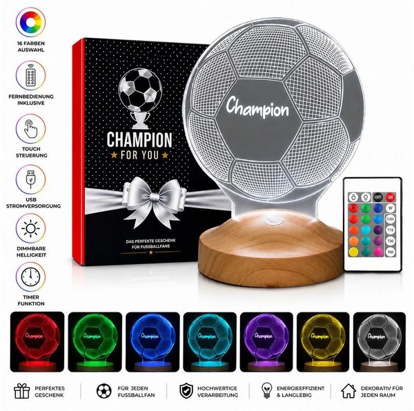 Geschenkelampe LED Nachttischlampe Fußball 3D Nachtlicht Geburtstagsgeschenk für Fussball Fans, Leuchte 7 Farben fest integriert, Geschenk für Jungen, Fußballspieler
