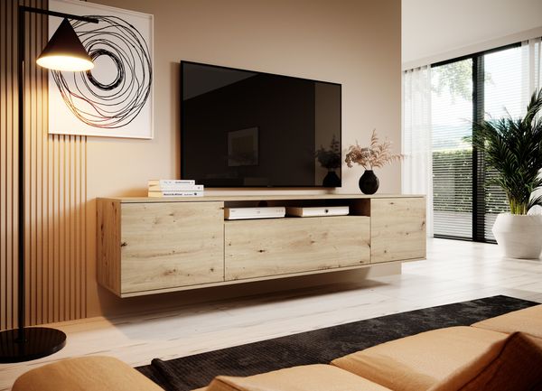 TV-Schrank 180 cm hängend, Fernsehtisch, Lowboard, Eiche Artisan Matt, Modernes Design, Masimo, 42 x 40 x 180 cm