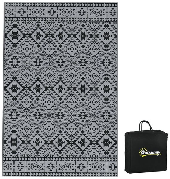 Outsunny Outdoorteppich Kunststoffteppich Wasserabweisender Wendeteppich, Rechteckig, Höhe: 0.3 mm, für Camping, Terrasse, Schwarz+Grau, 182 x 274 cm
