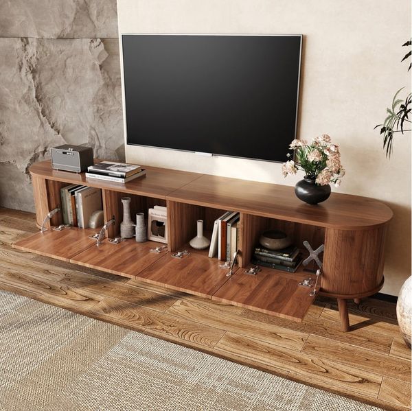 MODFU TV-Schrank 180x38x47 cm mit Klapptüren und Walnuss-Optik (Packung, 1-St, Vintage-Eichenoptik, Abgerundete Kanten) mit vier Fächern, Holzbeine, einzigartiges Design