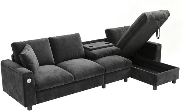 Merax Ecksofa Stoffsofa, L-förmige Ecke und 2 Armlehnen mit Stauraum. Ausklappbarer Couchtisch mit zwei Getränkehaltern, 1 USB und 1 Typ-C, Chenille, grau Bild 9