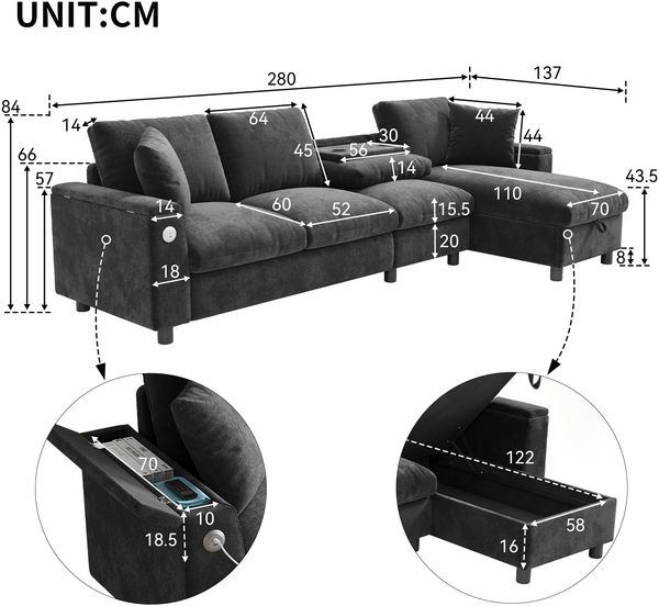 Merax Ecksofa Stoffsofa, L-förmige Ecke und 2 Armlehnen mit Stauraum. Ausklappbarer Couchtisch mit zwei Getränkehaltern, 1 USB und 1 Typ-C, Chenille, grau Bild 4