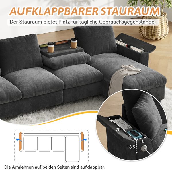 Merax Ecksofa Stoffsofa, L-förmige Ecke und 2 Armlehnen mit Stauraum. Ausklappbarer Couchtisch mit zwei Getränkehaltern, 1 USB und 1 Typ-C, Chenille, grau Bild 5