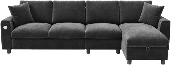 Merax Ecksofa Stoffsofa, L-förmige Ecke und 2 Armlehnen mit Stauraum. Ausklappbarer Couchtisch mit zwei Getränkehaltern, 1 USB und 1 Typ-C, Chenille, grau Bild 10