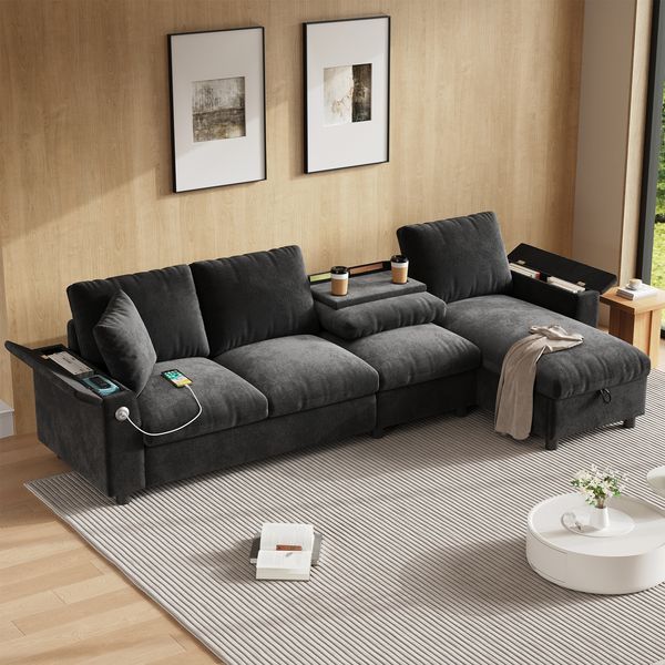 Merax Ecksofa Stoffsofa, L-förmige Ecke und 2 Armlehnen mit Stauraum. Ausklappbarer Couchtisch mit zwei Getränkehaltern, 1 USB und 1 Typ-C, Chenille, grau