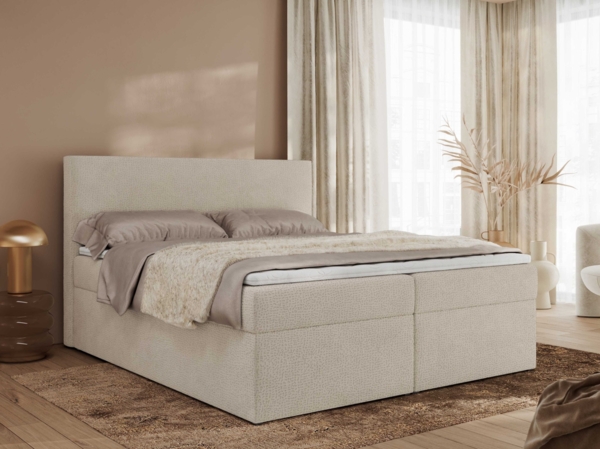 Boxspringbett mit Multipocket-Matratze und Topper, Doppelbett, Struktur dekostoff, Polsterbett mit Bettkästen - JAGUAR - 140 x 200 cm - Dunkelbeige Struktur - H4