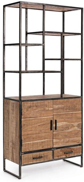 Bücherregal Reminia aus Akazienholz, skandinavischer Stil mit Türen, natur, 90x40x200 cm