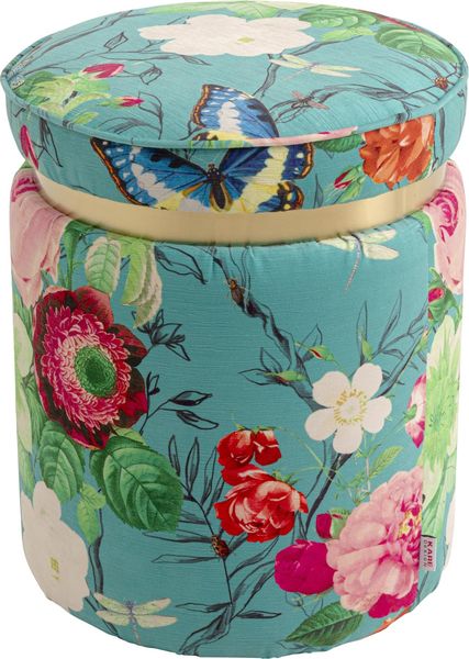 Kare Hocker Flower Fever Blau, Mehrfarbig, Ø39cm, Sitzhocker, Blumen Motiv, Rund, Pflegeleicht, Flur