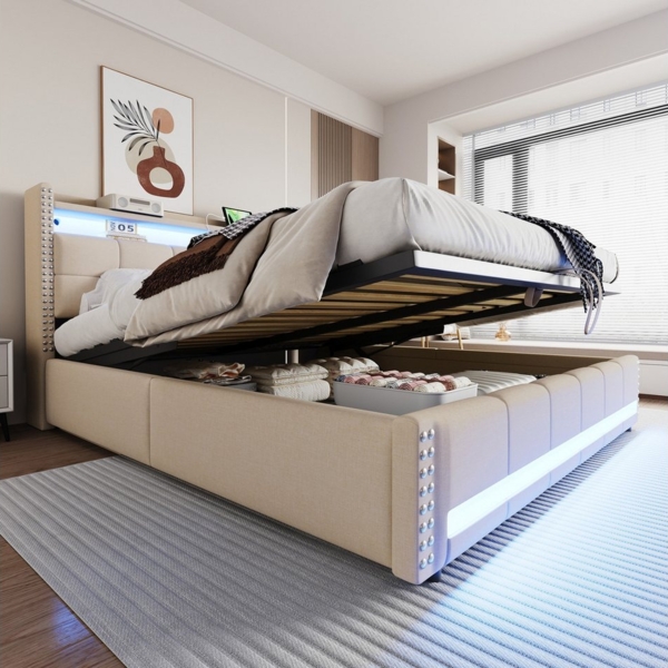 STILVORA Polsterbett 180X200 mit matratze,Boxspringbett mit Bettkasten,LED & USB-Steckdose (180x200 cm mit LED-Farbwechsel, USB-Ladeanschluss und hydraulischem Stauraum, für Kinderzimmer und Jugendzimmer), mit Matratze Bild 1