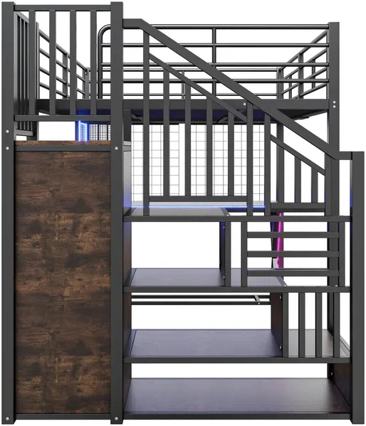 Hochbett mit Schreibtisch und LED-Beleuchtung, 140x200 cm, Treppe mit Regal und Kleiderschrank, Kinderbett mit Rausfallschutz, Metallbett Bild 10