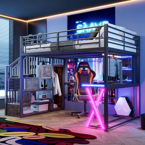 Hochbett mit Schreibtisch und LED-Beleuchtung, 140x200 cm, Treppe mit Regal und Kleiderschrank, Kinderbett mit Rausfallschutz, Metallbett