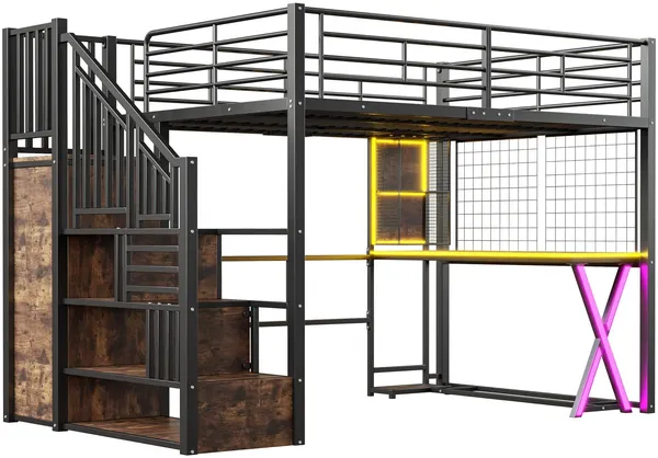 Hochbett mit Schreibtisch und LED-Beleuchtung, 140x200 cm, Treppe mit Regal und Kleiderschrank, Kinderbett mit Rausfallschutz, Metallbett Bild 7