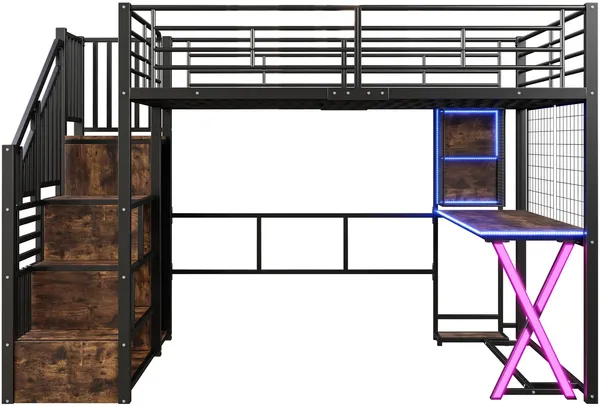 Hochbett mit Schreibtisch und LED-Beleuchtung, 140x200 cm, Treppe mit Regal und Kleiderschrank, Kinderbett mit Rausfallschutz, Metallbett Bild 8