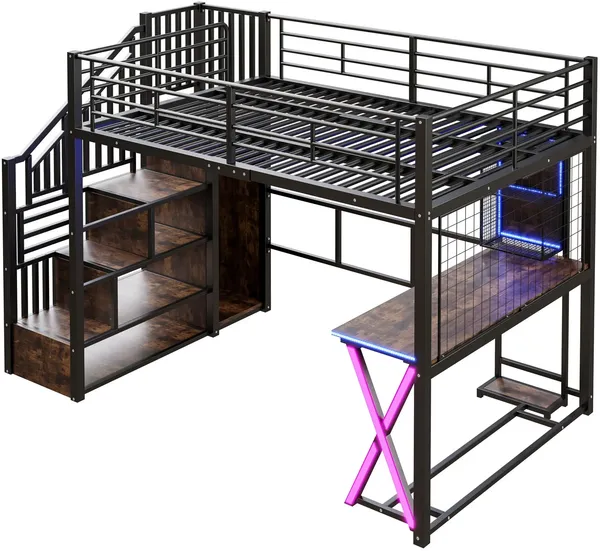 Hochbett mit Schreibtisch und LED-Beleuchtung, 140x200 cm, Treppe mit Regal und Kleiderschrank, Kinderbett mit Rausfallschutz, Metallbett Bild 9