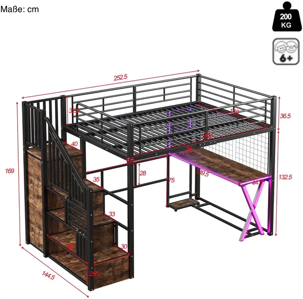 Hochbett mit Schreibtisch und LED-Beleuchtung, 140x200 cm, Treppe mit Regal und Kleiderschrank, Kinderbett mit Rausfallschutz, Metallbett Bild 6
