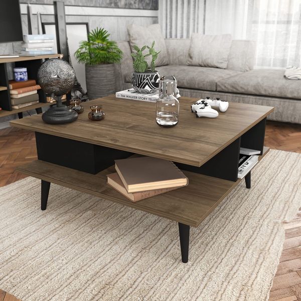 Hanah Home Modern Coffee Table, Walnut & Black, 89 x 89 x 44 cm | 100% Melamine Coated Particle Board, 18 mm Thick | Stylish & Functional for Living Spaces
