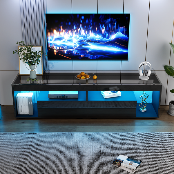 Hochglanz TV-Schrank 180 cm Schwarz mit LED-Beleuchtung, 2 Schubladen & Glasablagen – Moderner Fernsehtisch
