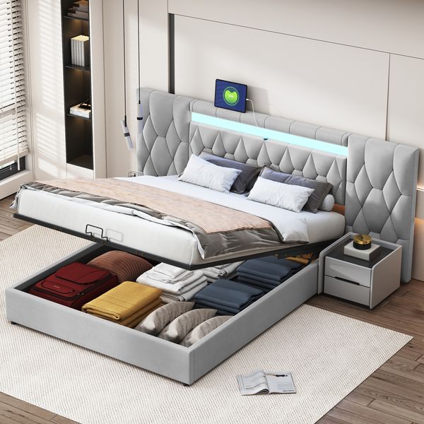 Elegantes Polsterbett 160x200 cm mit großer Rückenlehne, Samtbett mit LED und USB-Steckdose, hydraulisches Stauraumsystem, Bett Classic Grau