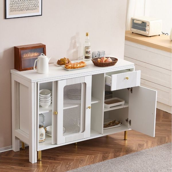 Flieks Sideboard mit klappbarem Ausziehtisch 360° drehbar Weiß (Set, 1 St, erweiterbare Tischplatte 40-80cm), Küchenschrank Esstisch mit 2 Glasschiebetür und 1 Schubladen