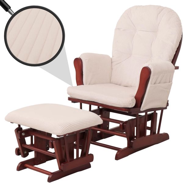 Relaxsessel HWC-C76, Schaukelstuhl Sessel Schwingstuhl mit Hocker Stoff Cord 320g/m² Öko-Tex ~ creme Gestell dunkel