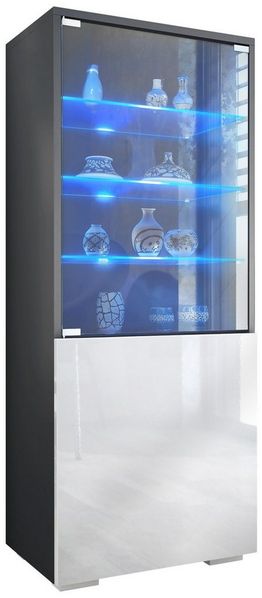 Vladon Standvitrine Granada (Vitrinenschrank, mit Glastür und Glaseinsatz inkl. LED) Anthrazit matt/Weiß Hochglanz (50 x 122,5 x 34,5 cm)