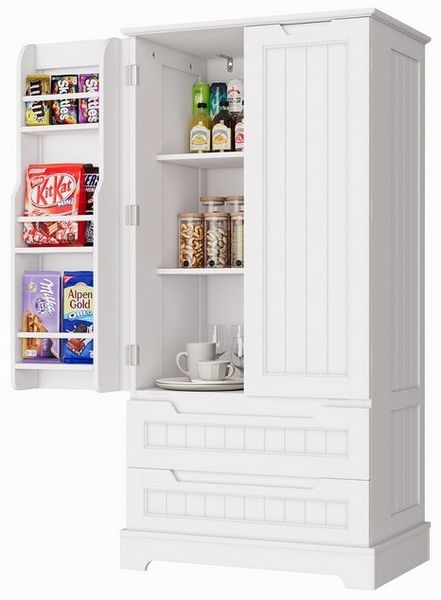 Bealife Sideboard hoher Küchenschrank mit 2 Schubladen und 2 Türen, Vorratschrank, Weiß Bild 4