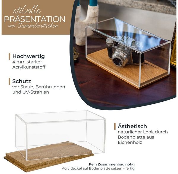 HMF Vitrine Eleganter Acryl Schaukasten mit Holzsockel für Modellautos Sammlerbox für Sammelstücke 24 x 12 x 11 cm, Transparent