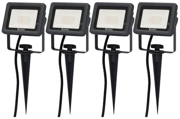 UNITEC LED Gartenstrahler 4x LED Strahler mit Erdspieß farbig Gartenlampe, LED fest eingebaut, Farbwechsler, Außenleuchte Outdoor IP65 Fernbedienung Gartenstrahler bunt Spot Außen