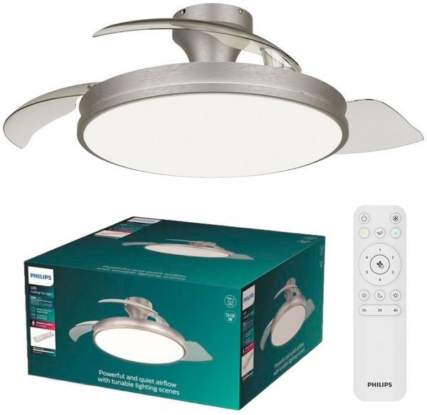 Philips LED Deckenleuchte Atlas 35W DC-Ventilator 28W, einziehbare Rotorblätter, nickel-grau, CCT - über Fernbedienung, Dimmer, Dimmfunktion, Ein-/Ausschalter, Farbsteuerung, Fernbedienung, Infrarot inkl, Memoryfunktion, Ventilatorfunktion, dimmbar übe...