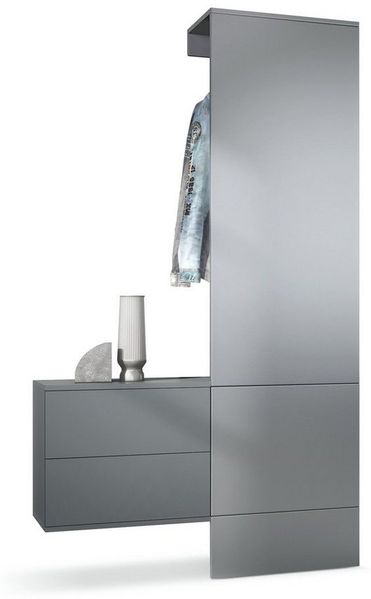 Garderobe Carlton Set 2, Wandgarderobe aus Deko-Paneel & hängender Schubladen-Kommode, Anthrazit matt/Graphit Seidenmatt (105 x 193 x 35 cm)