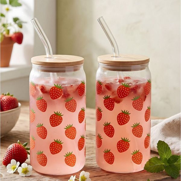 Levandeo® Glas, 2er Set Trinkglas 500ml Erdbeere Glas-Strohhalm Bambusdeckel