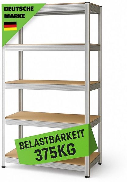 Bestlivings Schwerlastregal zum stecken, Lagerregal - verzinkter Stahl und 5 MDF-Einlegeböden