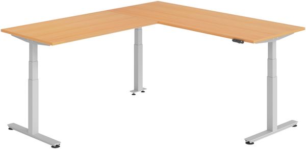 bümö Eckschreibtisch elektrisch höhenverstellbar L-Form: 200 x 240 cm in Buche, Gestell silber - Stehschreibtisch mit Memory-Steuerung, elektrischer XXL Schreibtisch für die Ecke, XDSMW-2016-6-S