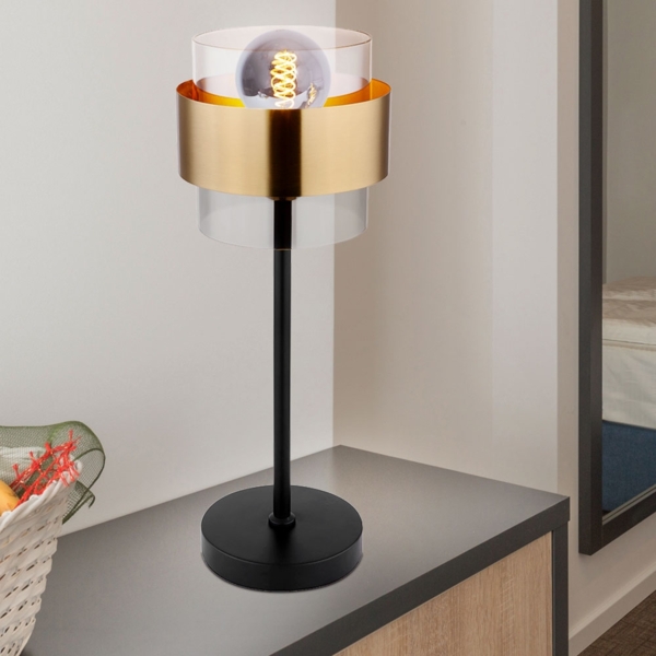 Tischleuchte, Messingring, Glas, schwarz, H 47 cm