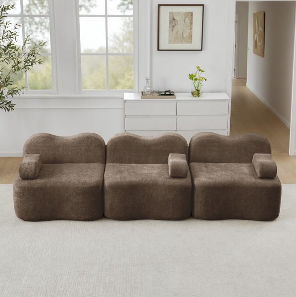 Modulares 3-Sitzer-Sofa 70cm×288cm×98cm mit Hocker – wellenförmiges Wohnzimmersofa aus Samt in Braun
