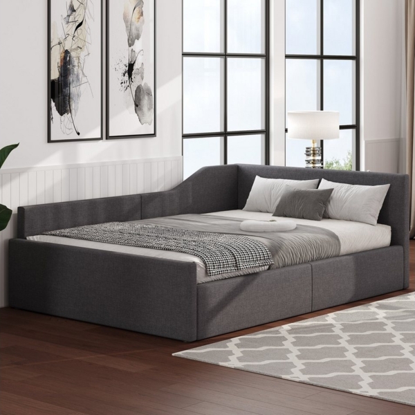 HAUSS SPOLE Daybett 140x200 cm Schlafsofa mit Hydraulischer Stauraum, Leinen Grau (Gepolstertes 140x200 Tagesbett mit Stauraum – Modernes Design aus Leinen mit Rückenlehne & Armlehnen) Bild 2