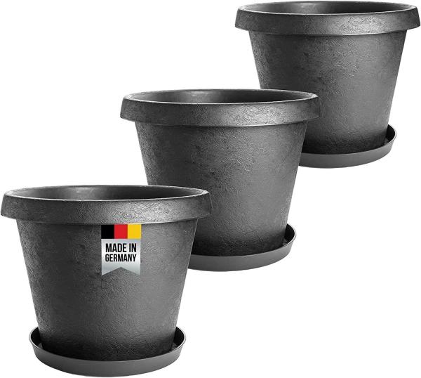 Centi Pflanzkübel Blumentopf Gross 40 cm mit Untersetzer, Pflanzkübel groß außen (Set, 3 St, Ø 40 cm mit Untersetzer, Anthrazit Made in DE), Pflanztopf groß, extra stabil innovatives Stone-Design